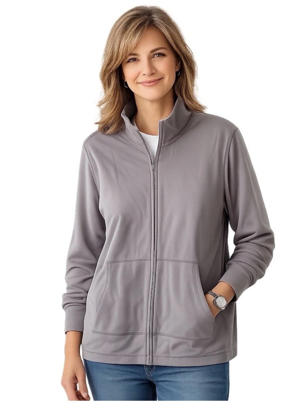 Eileen Fisher Organic Cotton Neutral Gray Zip Front Casual Sweatshirt Size XL